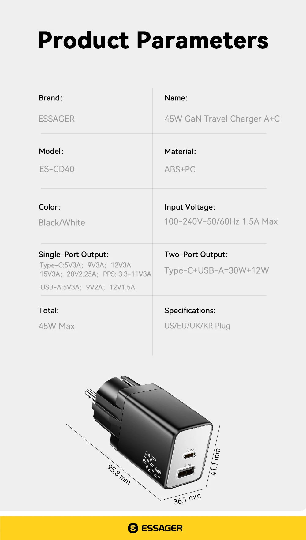 Essager 67W GaN USB-C Fast Wall Charger - Multi-Port Power Adapter - 22