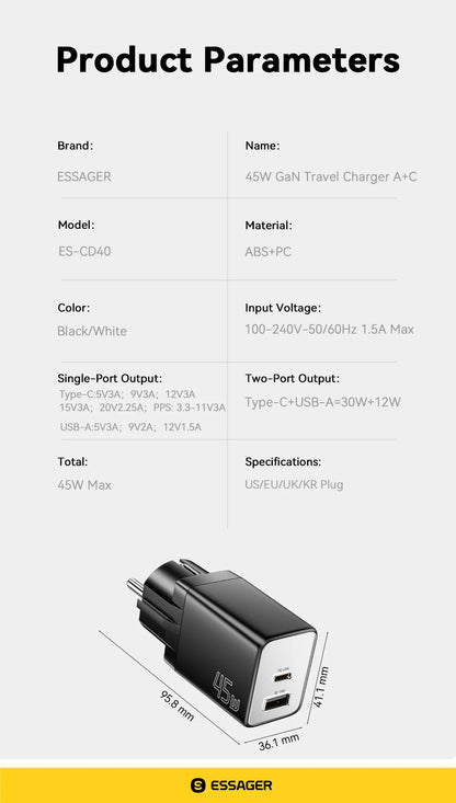 Essager 67W GaN USB-C Fast Wall Charger - Multi-Port Power Adapter