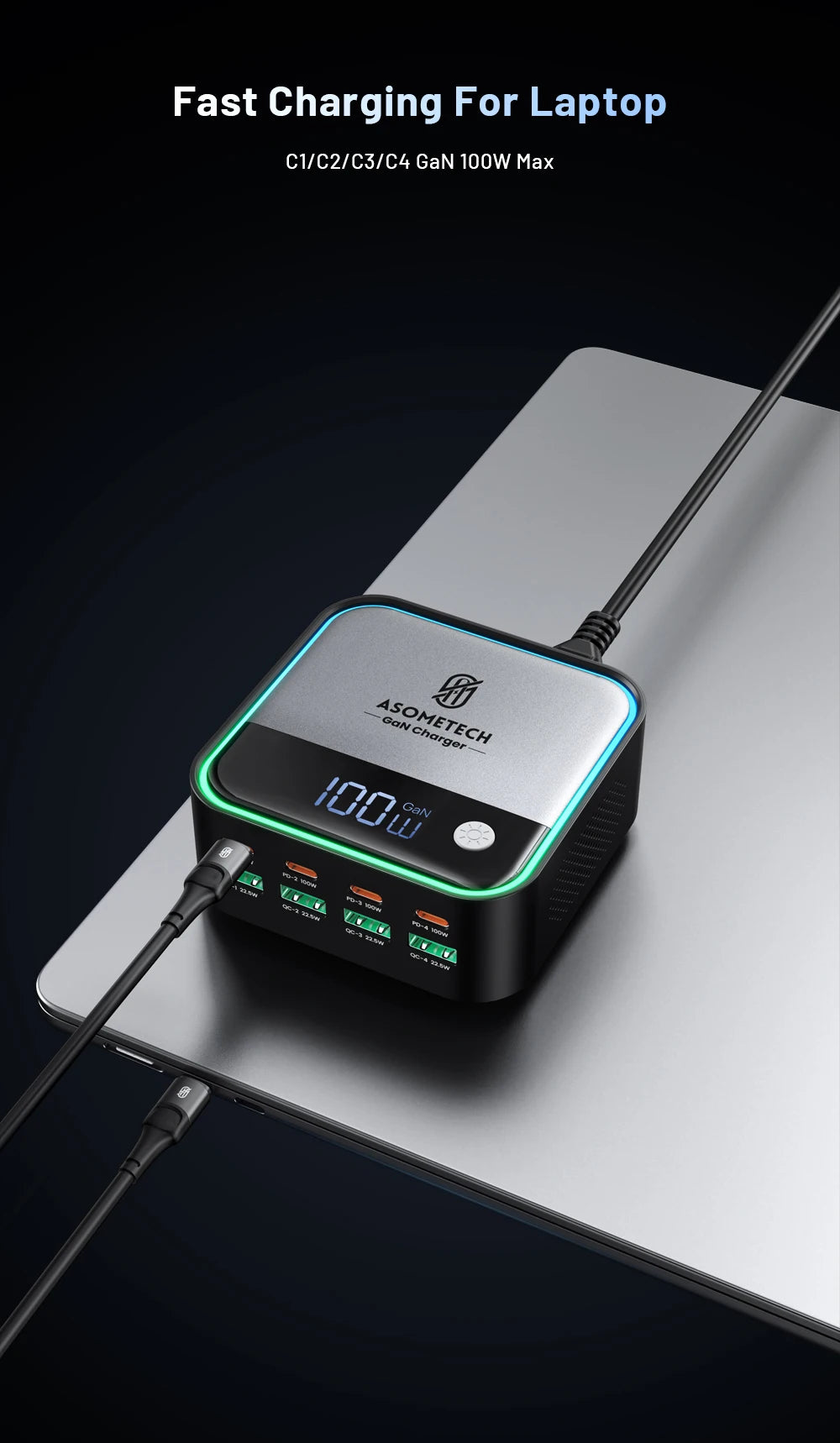 100W GaN 8-Port Desktop USB Charger with LED Digital Display & Lighting