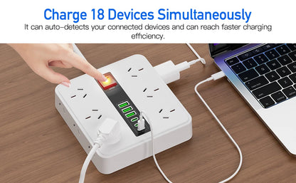 Australian Power Board: 12-Socket Extension Lead with 6 USB Fast Charger