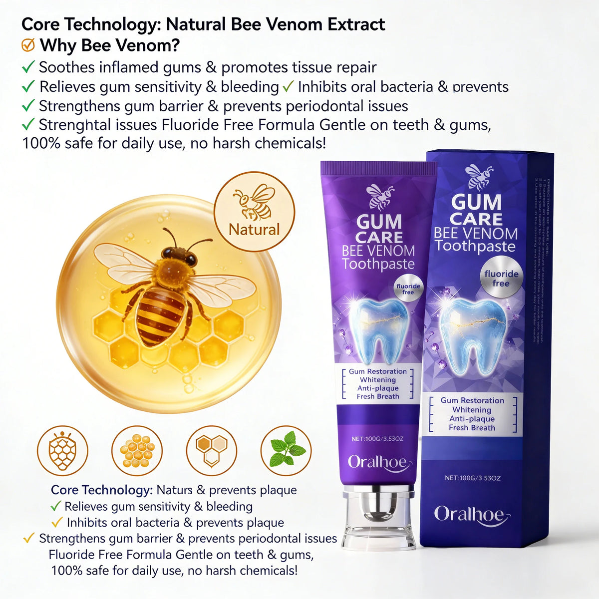 Bee Venom Gum Care Toothpaste for Teeth Whitening and Enamel Repair