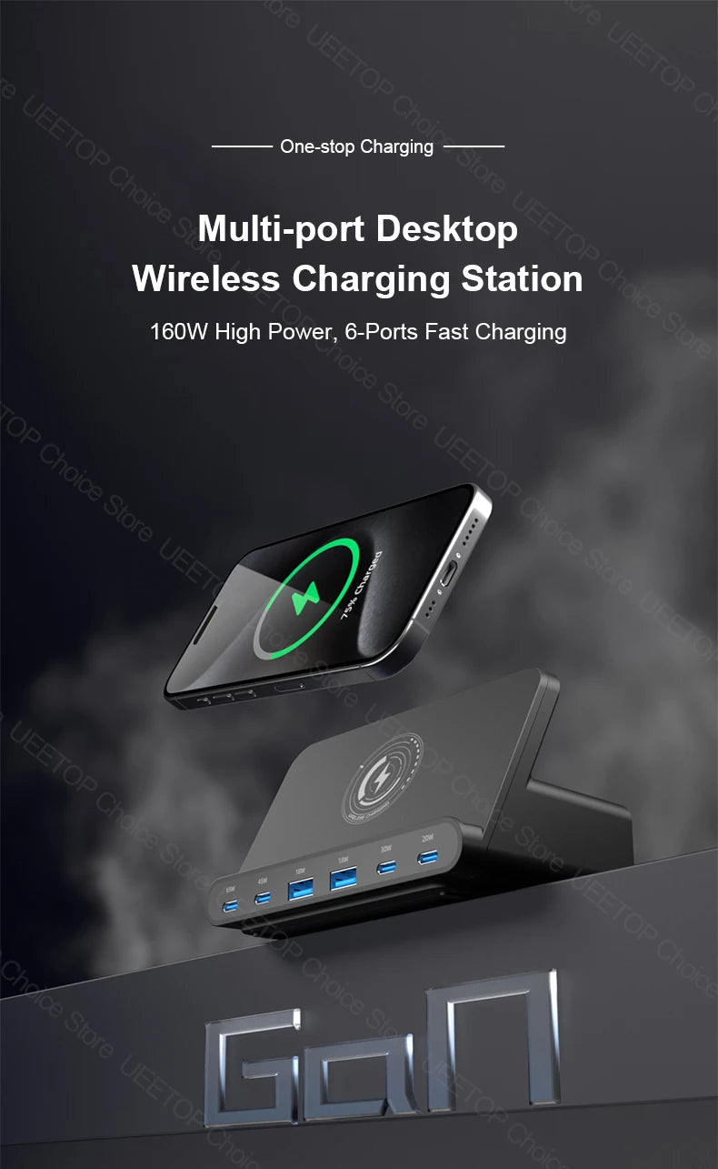 160W GaN Desktop USB Charging Station with 15W Wireless Charger