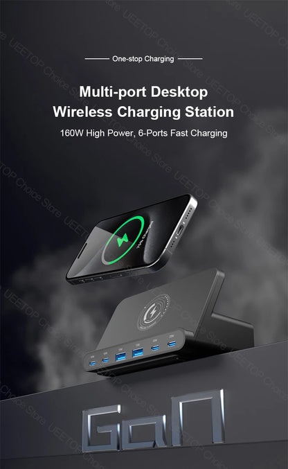 160W GaN Desktop USB Charging Station with 15W Wireless Charger