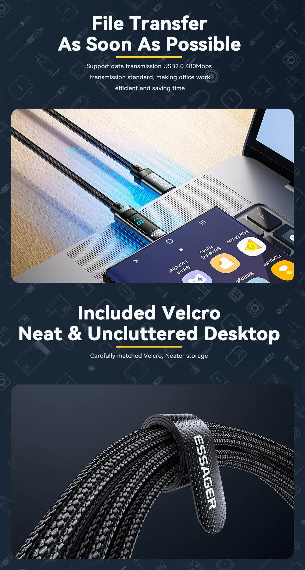 Essager 240W USB-C to USB-C Fast Charging Cable with LED Power Display