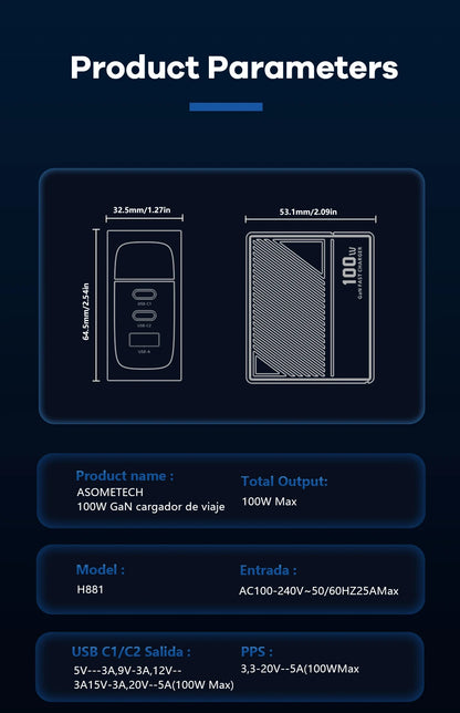 100W GaN USB-C Fast Charger - Multi-Port PD Quick Charging Adapter