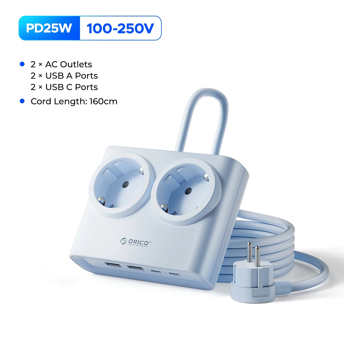 ORICO 25W GaN Desktop Power Strip - 2 AC Outlets & 4 USB Fast Charging - 9
