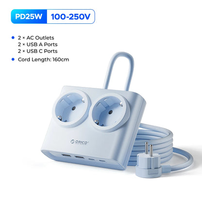 ORICO 25W GaN Desktop Power Strip - 2 AC Outlets & 4 USB Fast Charging