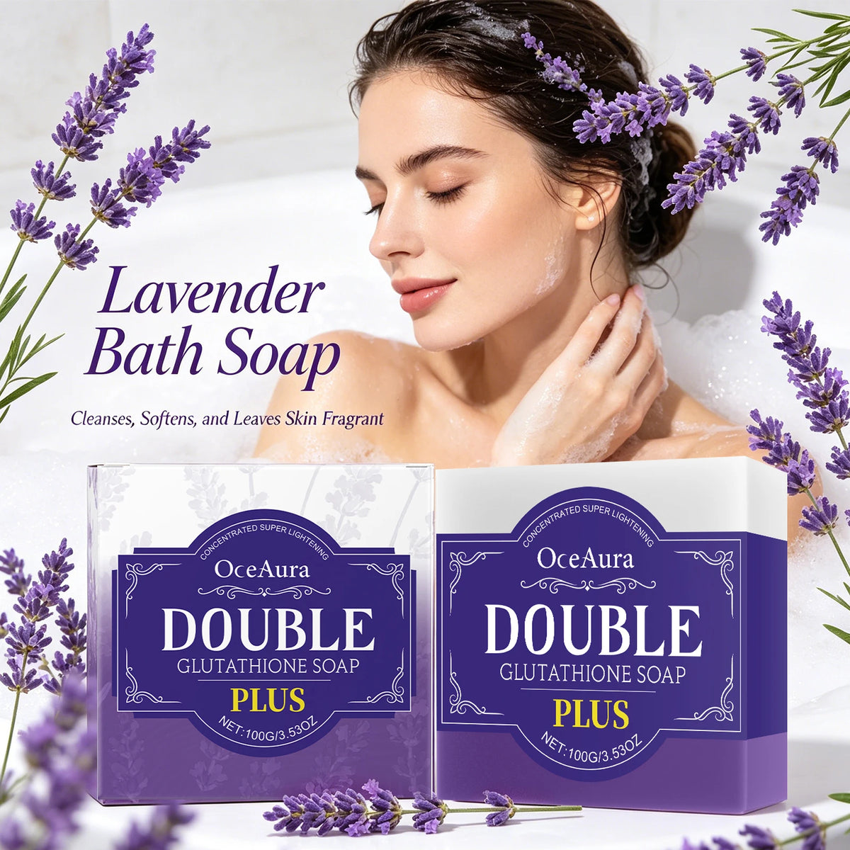 Lavender Double Glutathione Whitening Soap Bar for Deep Cleansing & Skin Brightening