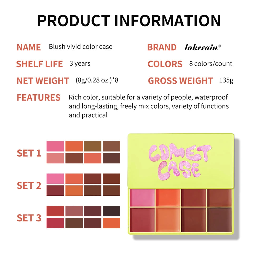 8-Color Cream Blush Palette - Long-Lasting Matte Face Makeup - 16