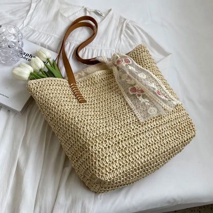 Lace Woven Straw Tote