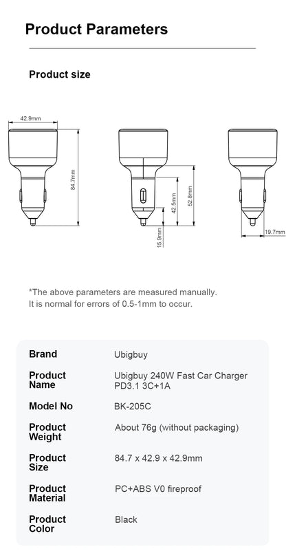 240W 4-Port USB-C Car Charger - PD 3.1 Super Fast Charging Adapter