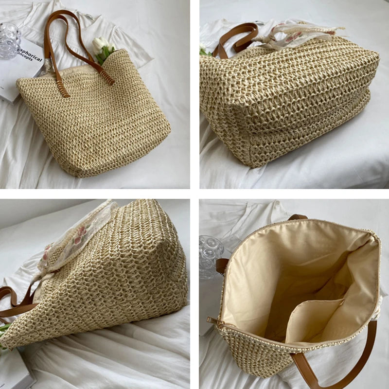 Lace Woven Straw Tote