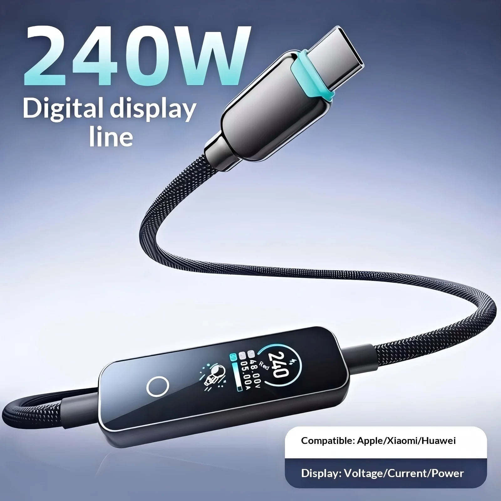 240W USB-C Fast Charging Cable with Real-Time LED Power Display - 1