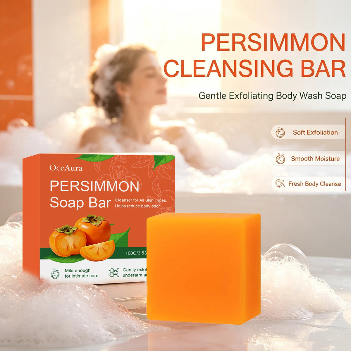 Natural Persimmon Soap Bar for Body Odor Control & Deep Exfoliating Skin Care