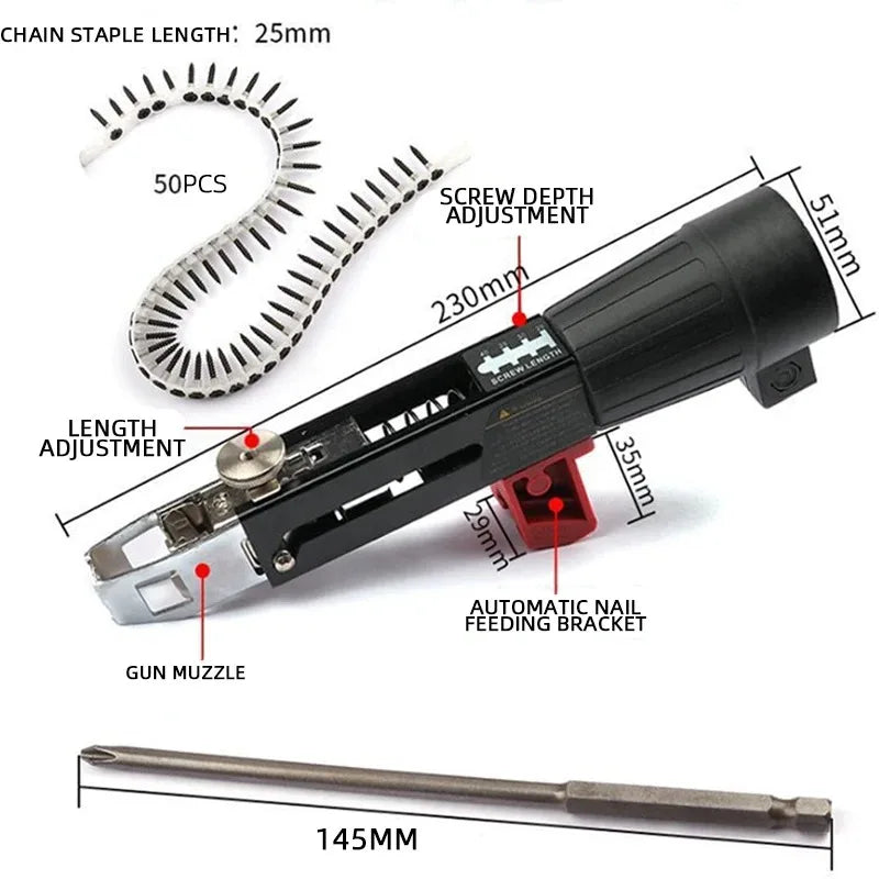 Automatic Chain Screw Gun Attachment for Electric Drills & Woodworking