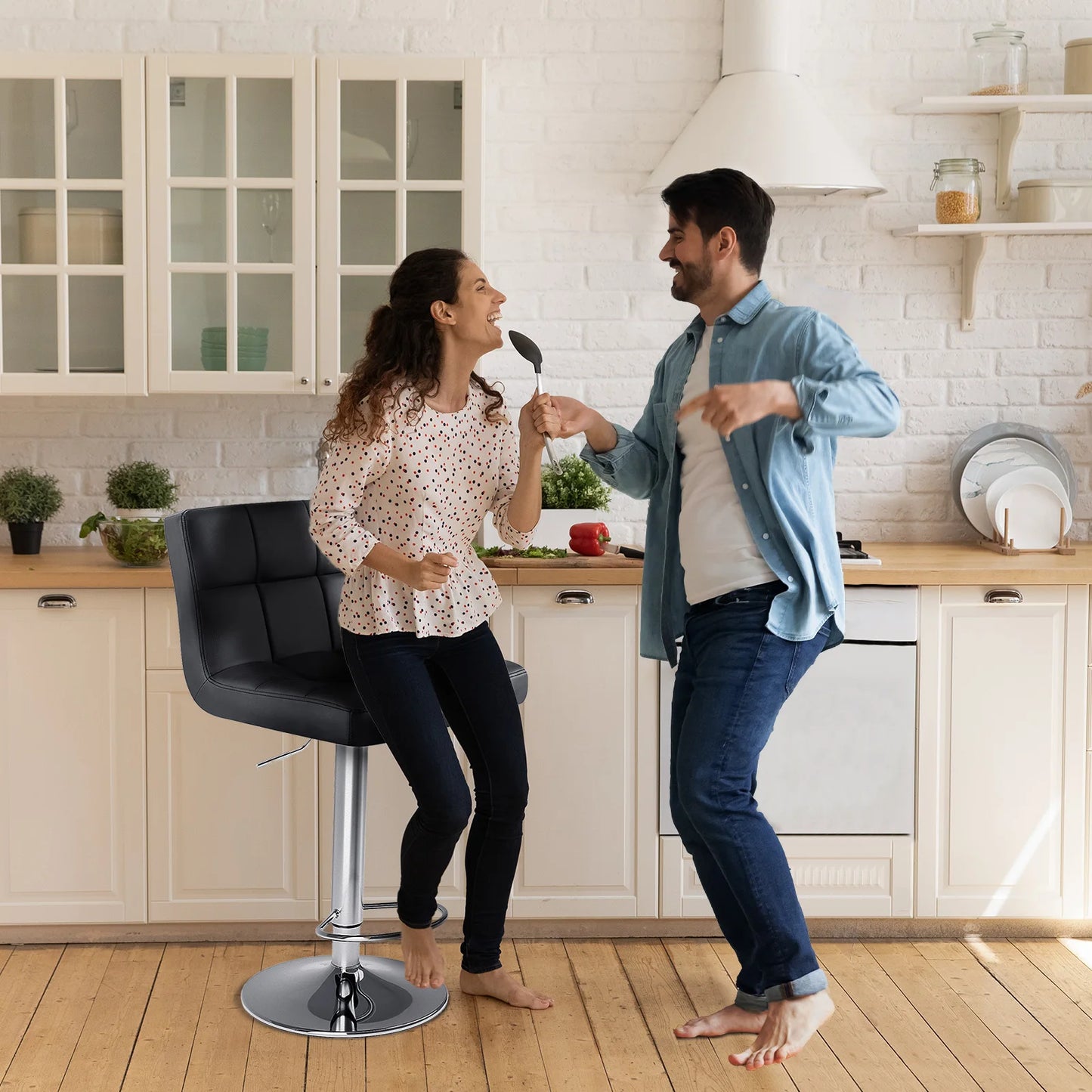 Set of 2 PU Leather Bar Stools - Comfortable Kitchen Counter Height Chairs