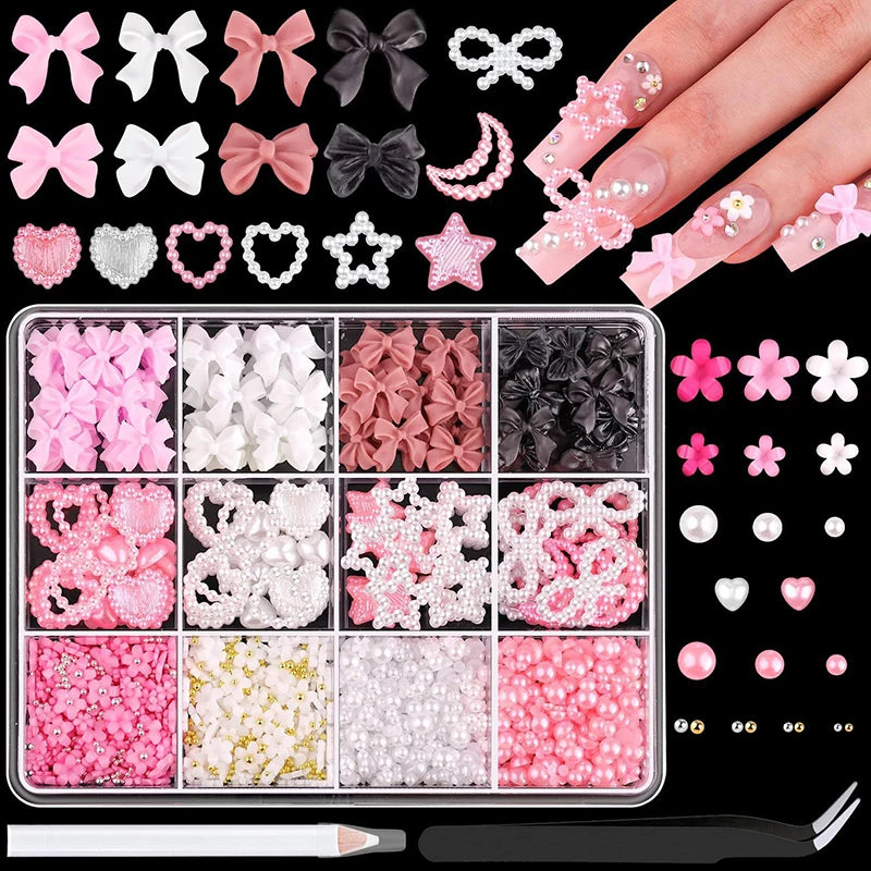 3D Mixed Nail Art Decoration Set - Acrylic Bows, Flowers & Pearl Charms