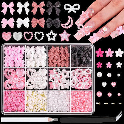 3D Mixed Nail Art Decoration Set - Acrylic Bows, Flowers & Pearl Charms