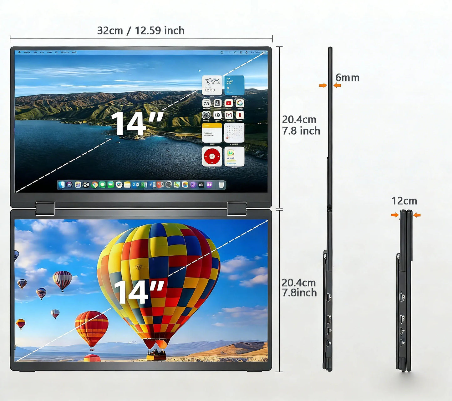 14" Dual Screen Portable Laptop Monitor - 1.2K 1920x1200 IPS Triple Display