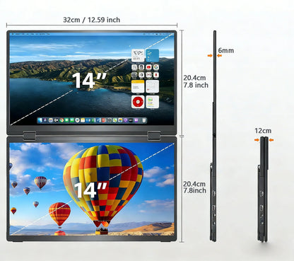 14" Dual Screen Portable Laptop Monitor - 1.2K 1920x1200 IPS Triple Display