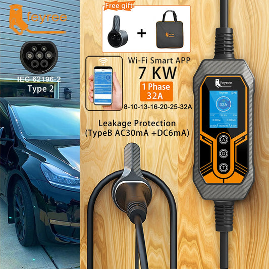 7KW Portable EV Charger Type 2, 32A Smart Wi-Fi Electric Vehicle Charger