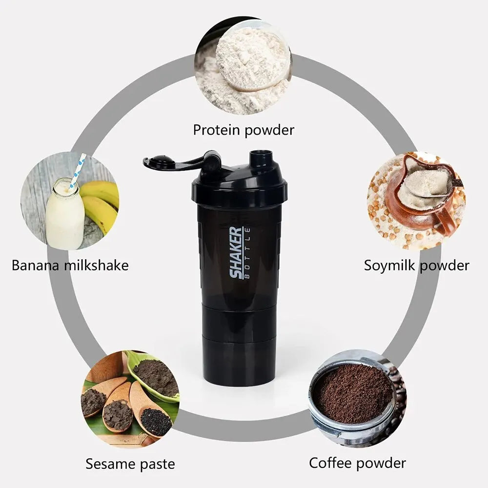 3-Layer Portable Protein Shaker Bottle - Leak-Proof Gym Mixing Cup - 3