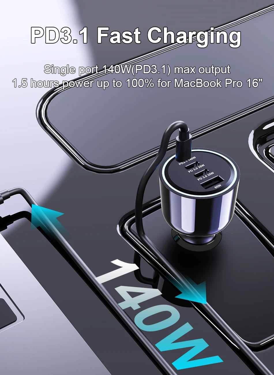 240W 4-Port USB-C Car Charger - PD 3.1 Super Fast Charging Adapter