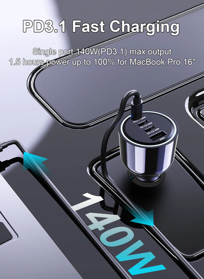 240W 4-Port USB-C Car Charger - PD 3.1 Super Fast Charging Adapter