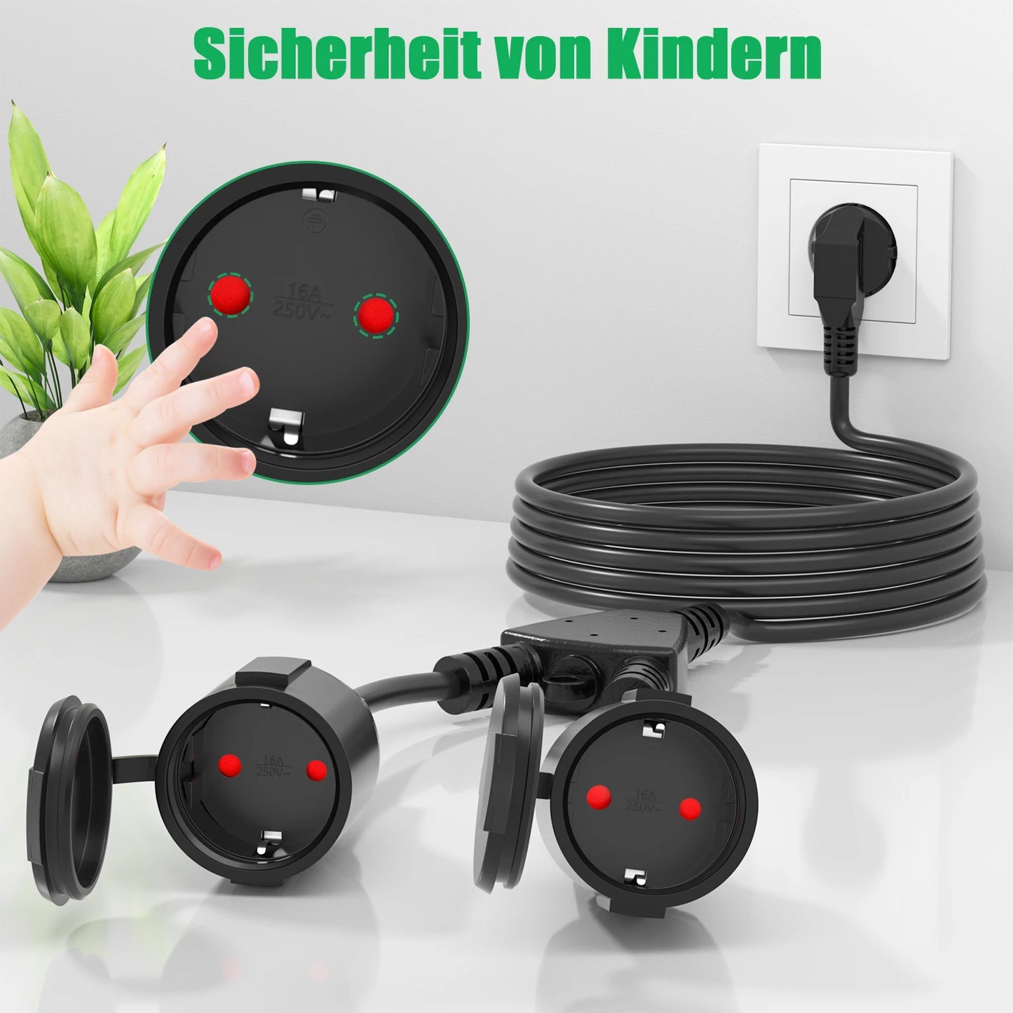 Waterproof European Standard Extension Cord - 2-Way Power Socket Splitter