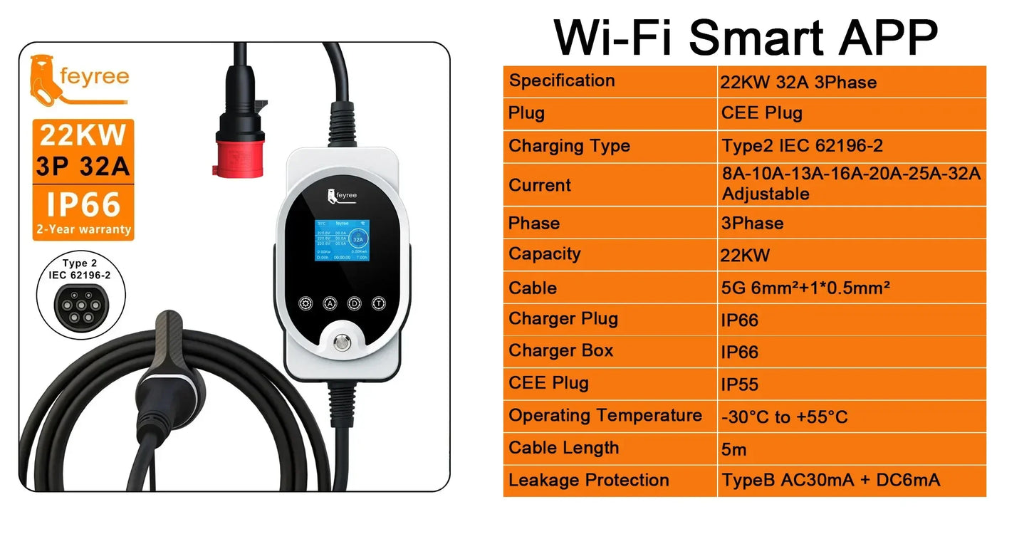 Smart Type 2 EV Charger: 7kW/11kW/22kW Portable & Wall-Mount Charging Station