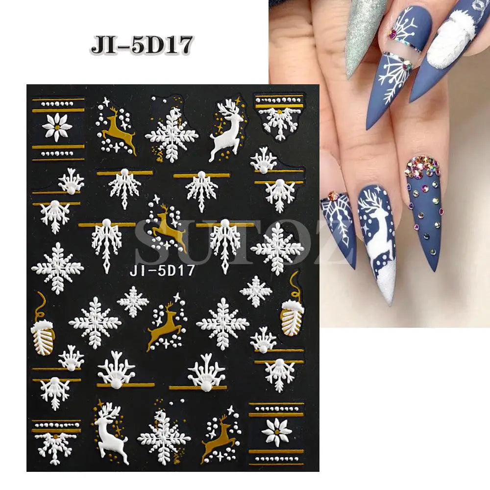 5D Embossed Christmas Nail Art Stickers - Winter Holiday Snowflake & Santa Decals