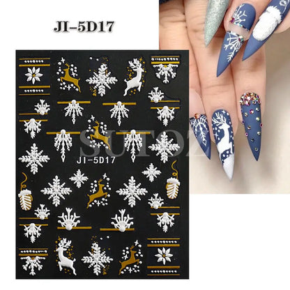 3D Christmas Nail Art Stickers - Festive Snowman & Snowflake Manicure Decals