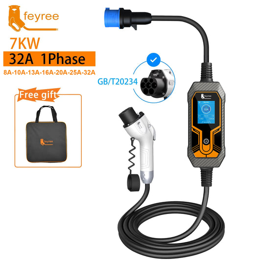7KW Portable EV Charger - Adjustable 32A Type 2 Electric Vehicle Charging Cable