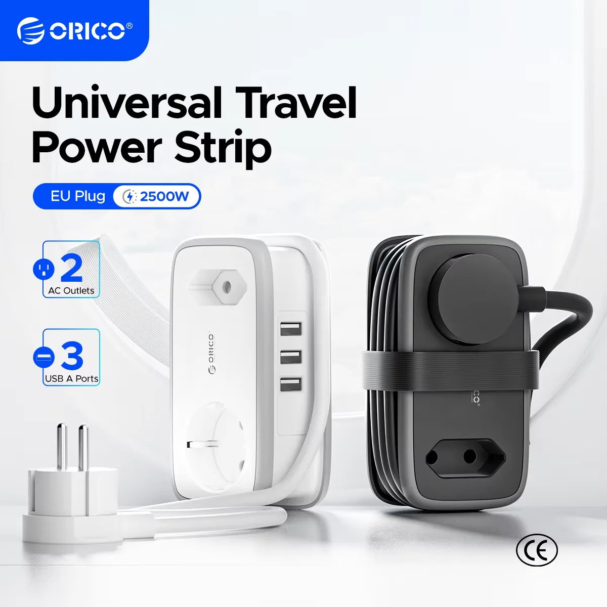 Compact EU Travel Power Strip with 3 USB Ports & 1.1M Extension Cord - 1