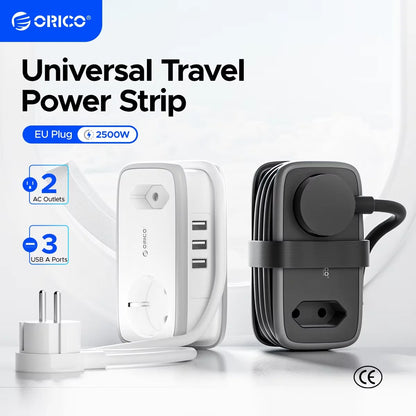 Compact EU Travel Power Strip with 3 USB Ports & 1.1M Extension Cord
