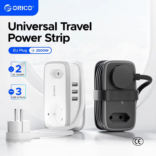 Compact EU Travel Power Strip with 3 USB Ports & 1.1M Extension Cord