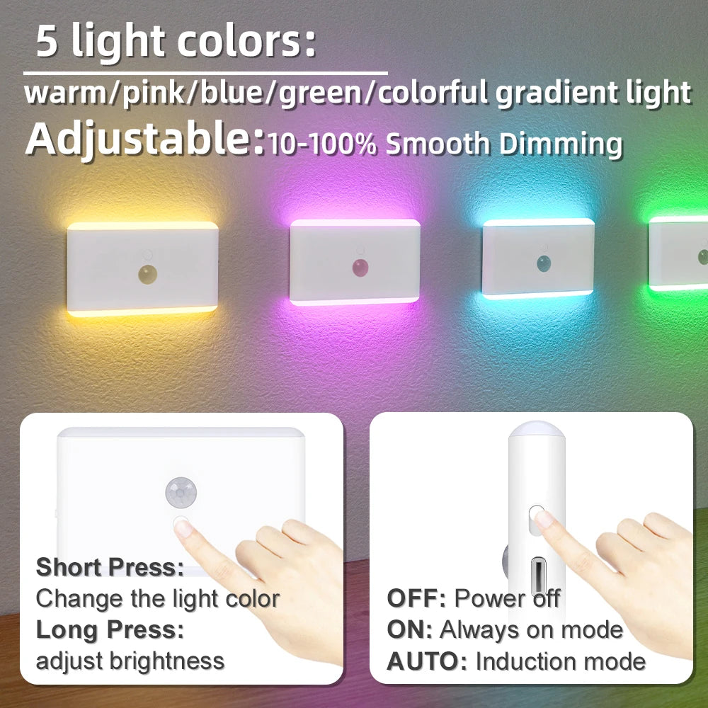 Rechargeable Motion Sensor LED Wall Sconce - Dimmable Color-Changing Night Light - 15