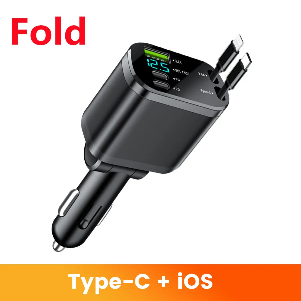 5-in-1 Retractable Fast Car Charger with LED Display - 120W Multi-Port - 17