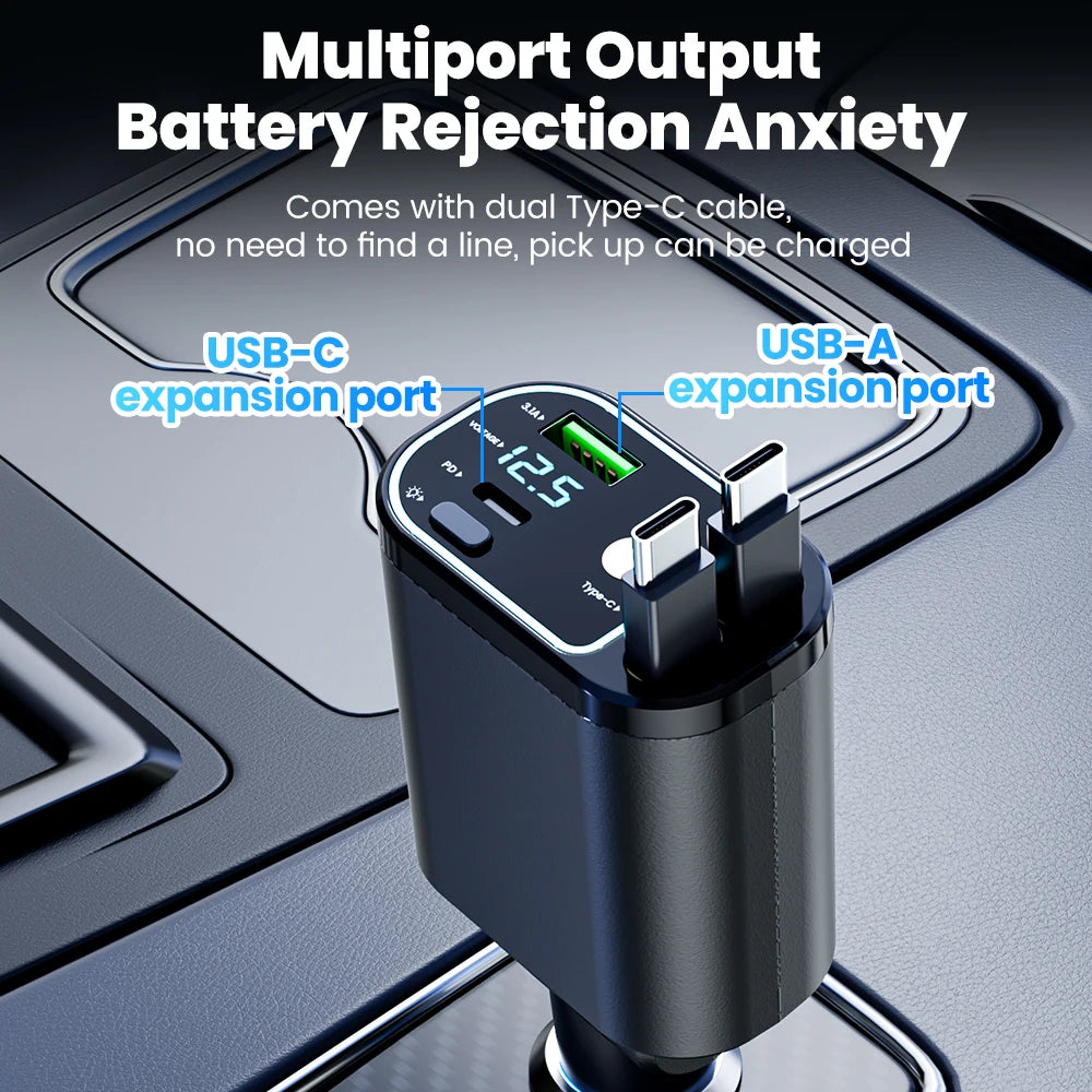 4-in-1 Retractable 100W Fast Car Charger with LED Starlight & Display - 5