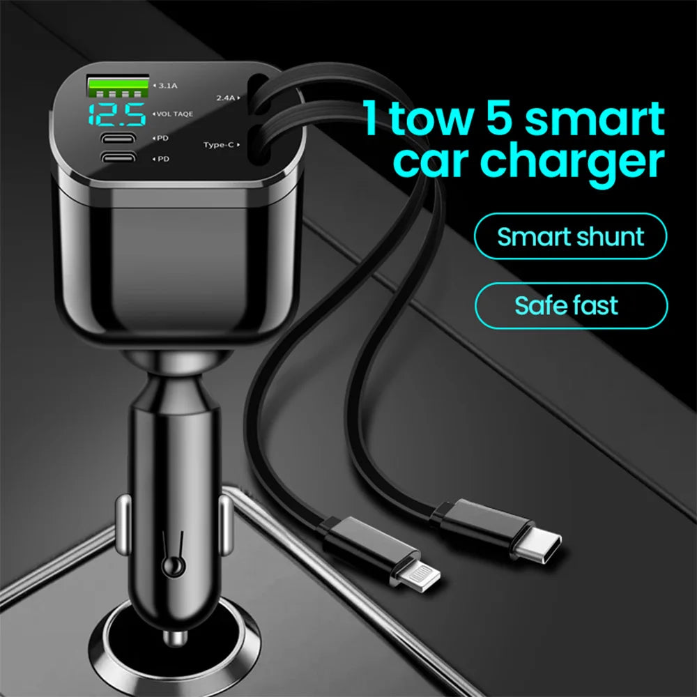 5-in-1 Retractable Fast Car Charger with LED Display - 120W Multi-Port