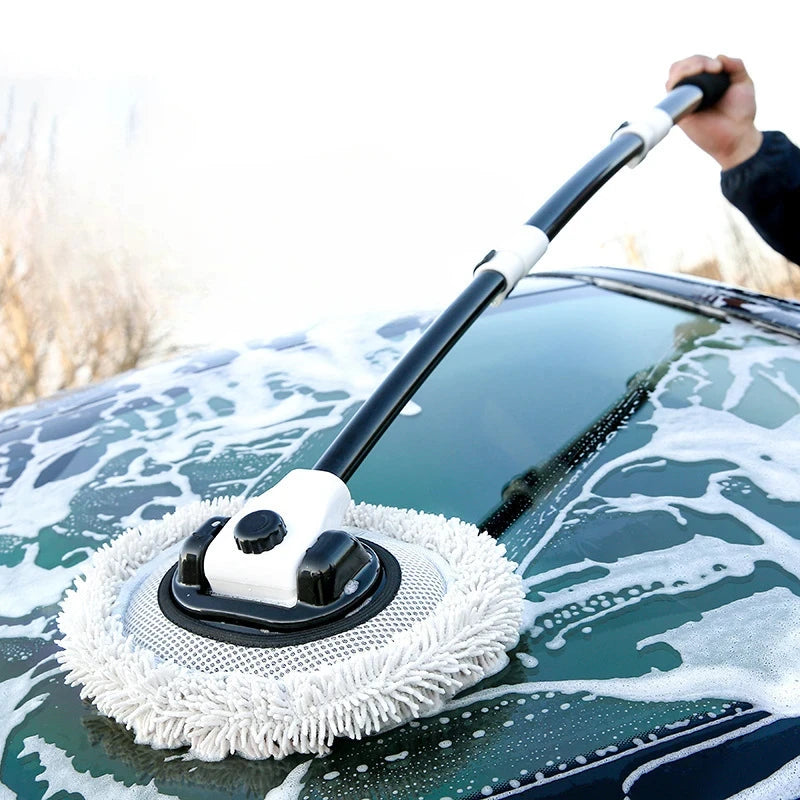 Telescopic Car Wash Mop with 15° Curved Handle & Microfiber Brush