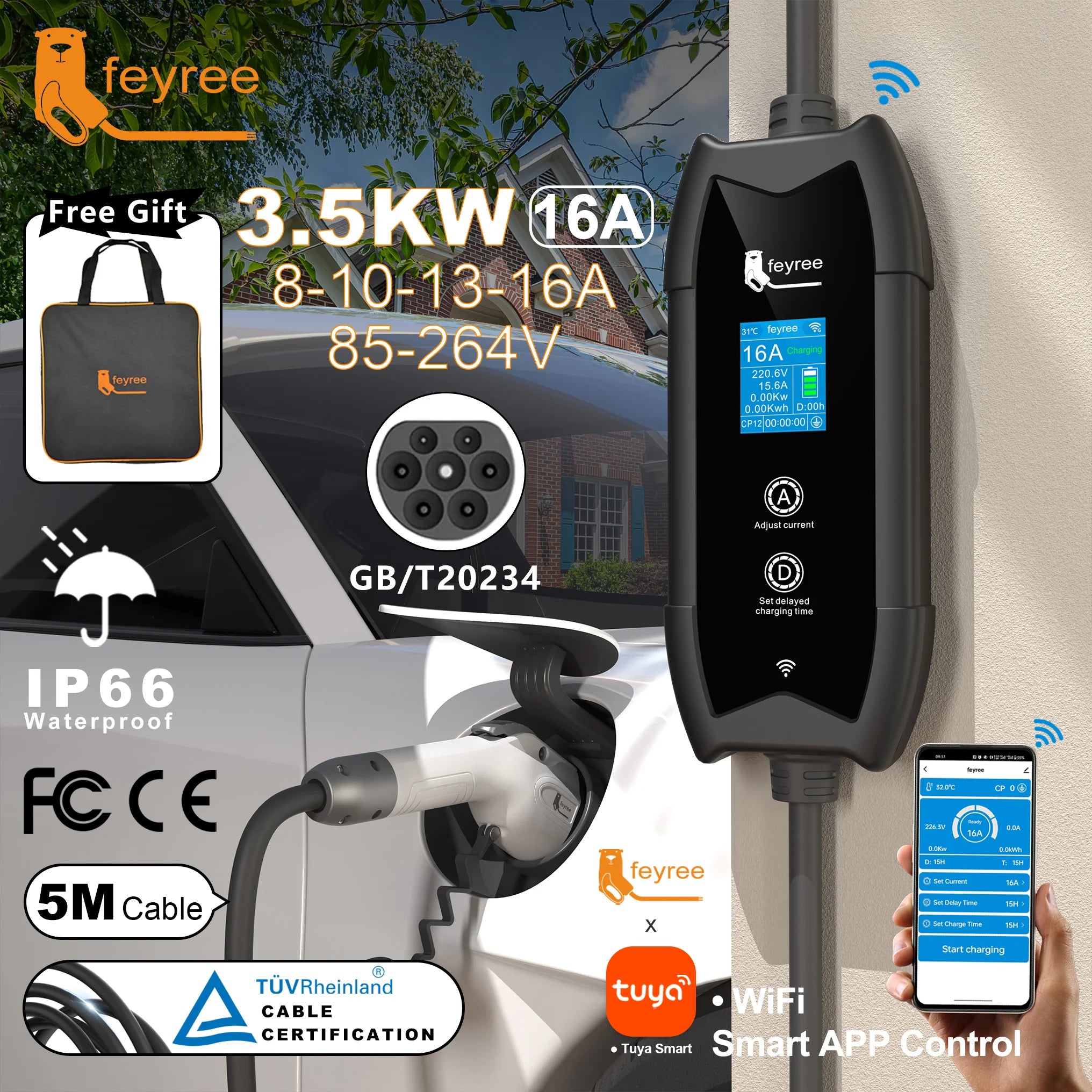 Portable 16A EV Charger with APP Control - 3.5KW Electric Vehicle Cable - 1