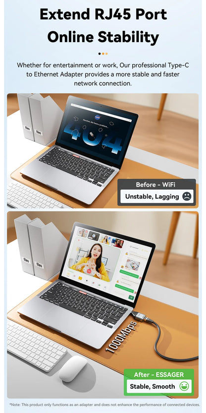 USB-C to Gigabit Ethernet Adapter - High-Speed RJ45 Wired Network Converter