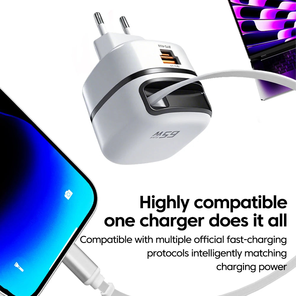 65W Fast USB-C Charger & Retractable Cable Adapter for Laptop and Phone - 3