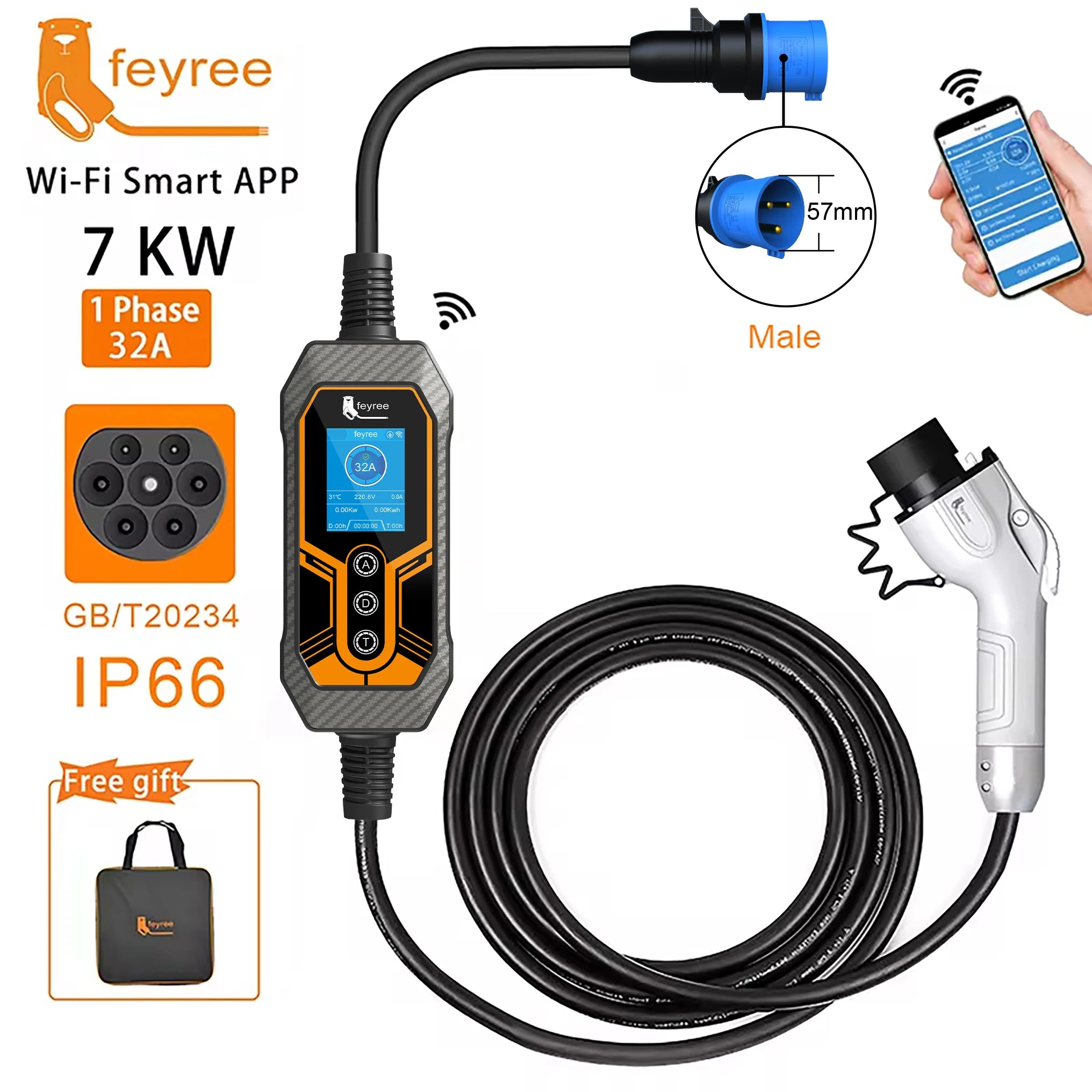Smart Portable EV Charger - 11KW/7KW Adjustable WiFi App Control - 28