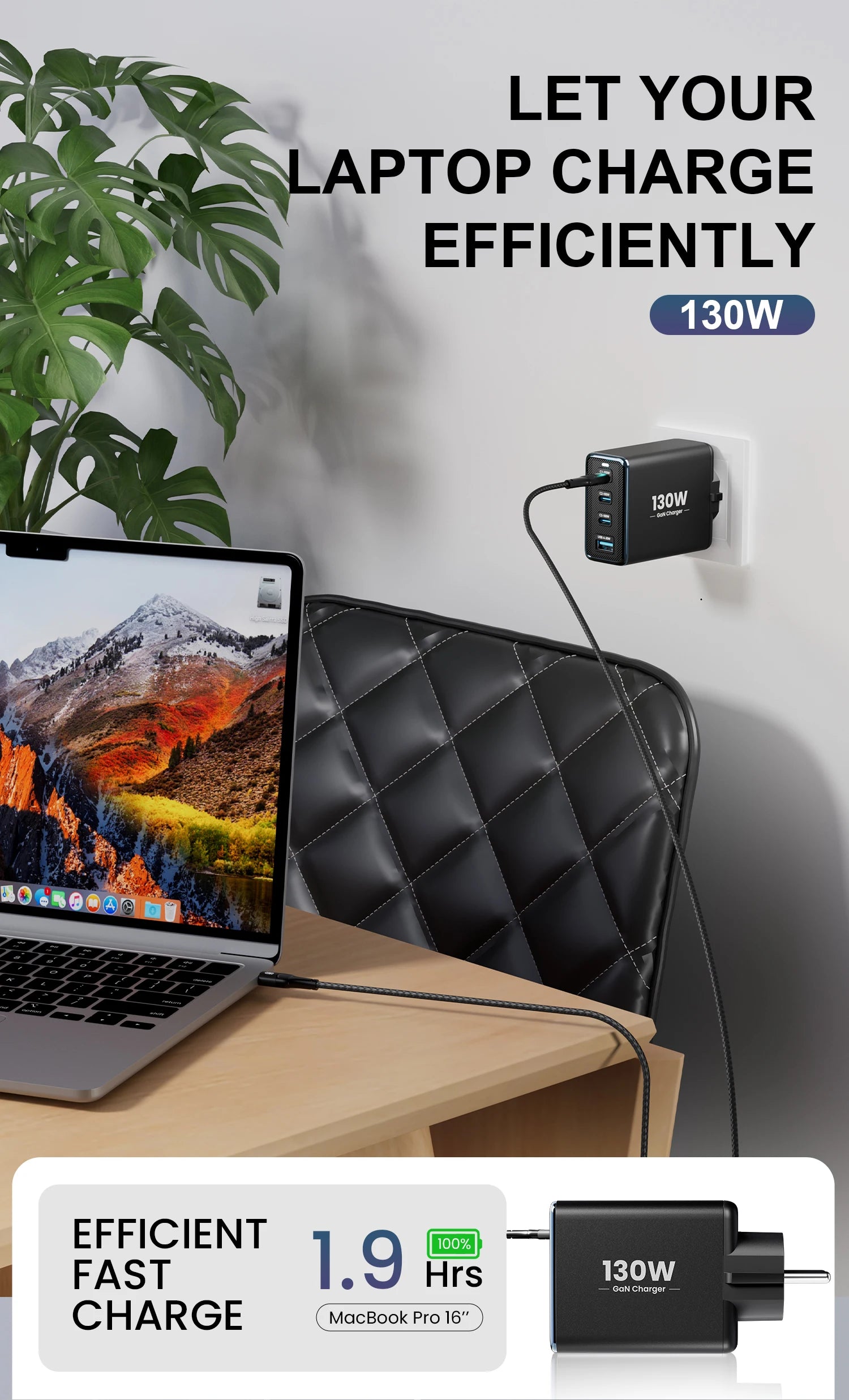 130W GaN 4-Port Fast Charger - PD3.0 QC4.0 USB-C Wall Adapter for Laptops - 14
