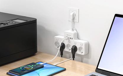9-in-1 EU Power Strip: 5 AC Outlets & 4 USB Fast Charging Ports