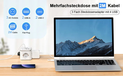 7-in-1 Power Strip with USB-C, Ultra-Thin Flat Plug & 2m Extension Cord