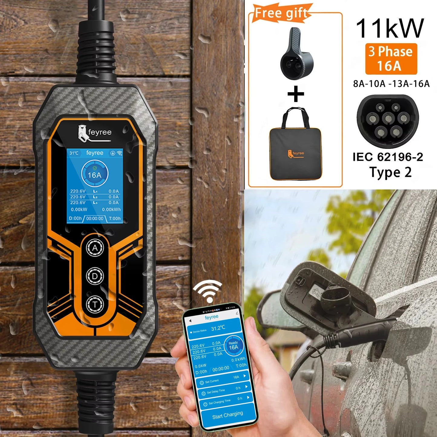11KW Portable Type 2 EV Charger - Smart App Control & Adjustable Current