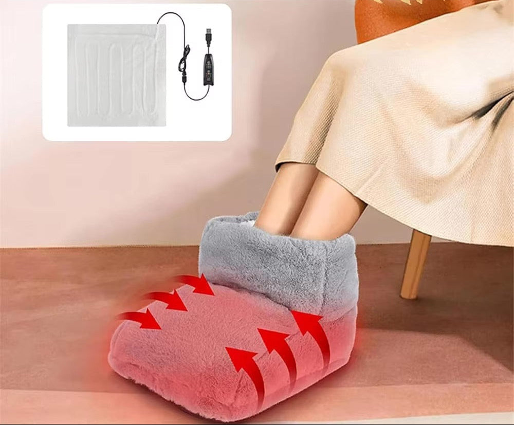 Heated foot pad with text about long-lasting constant temperature and thick warmth.